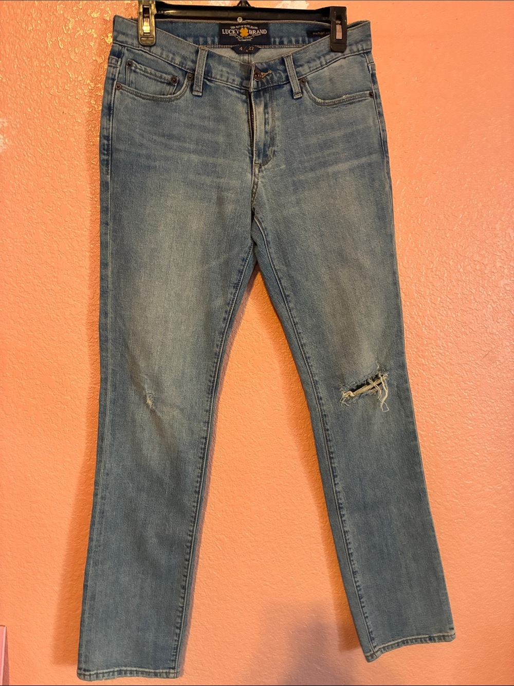 Lucky Brand Light Blue Straight Leg Jeans with Knee Distress